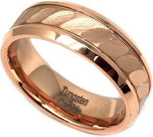 Authentic 8mm Tungsten Carbide Rose Gold Plated Beveled Edge with hammer Wedding Band Ring