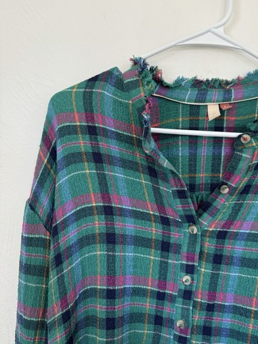 Anthropologie Pilcro Cropped Puff-Sleeve Soft Crinkle Green Plaid Blouse Small - Picture 8 of 13