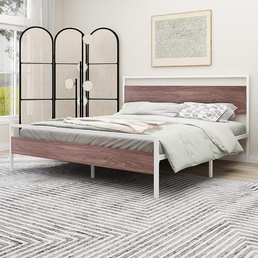 Wooden headboard White Metal platform bed frame Mattress foundation No noise-image