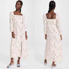 NEW Rixo Hattie Midi Dress Linen Blend Color Spot Print Slit Tulip Size Large/10