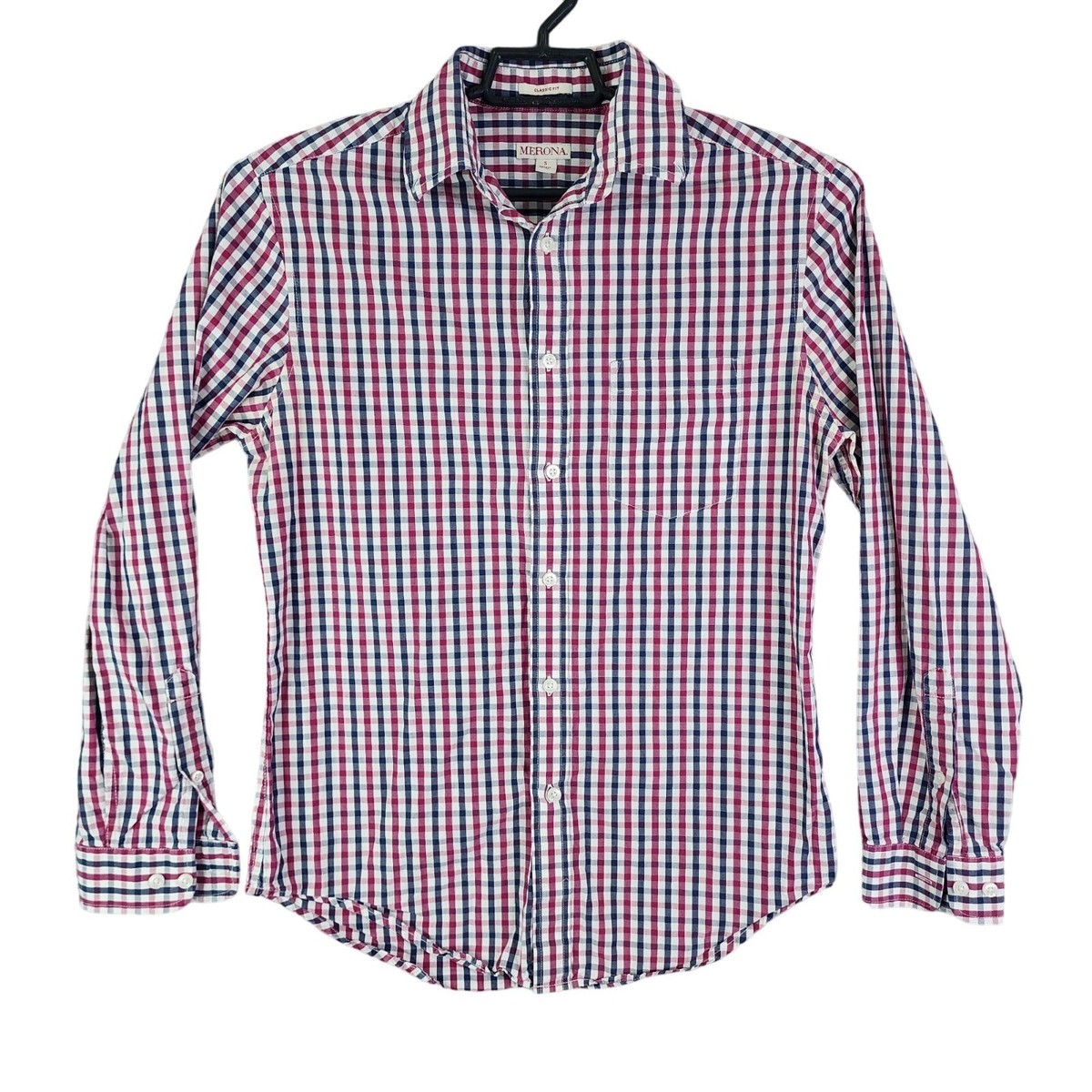 Men's Merona Classic Fit Shirt Long Sleeve Red Blue Plaid Button