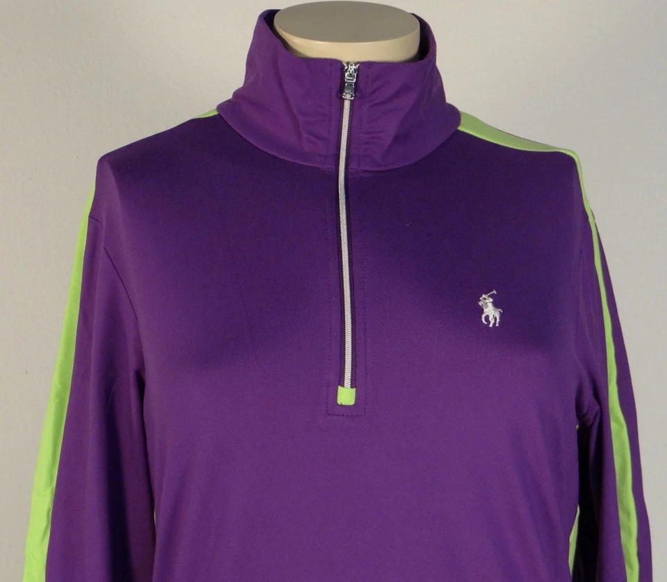 Ralph Lauren女式高尔夫紫色和绿色1/2拉链长袖衬衫白色小马  — 第 2/4 张图片