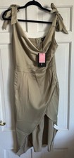 Sage Green Satin Tie Strap Cowl Neck Midi Dress