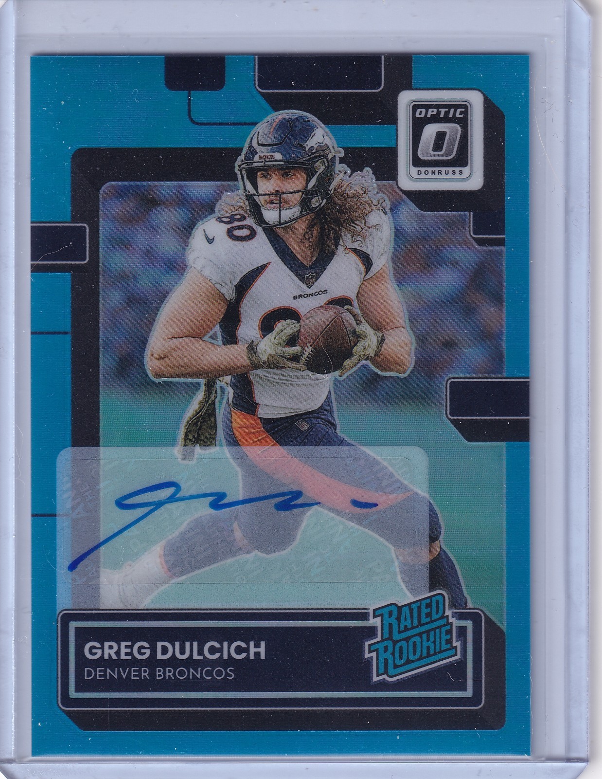 Greg Dulcich 2022 Panini Donruss Optic Blue Prizm Rated Rookie Rc Auto (48/99)