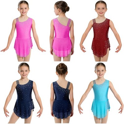 Kinder Mädchen Rhythmische Gymnastik Kostüm Ärmelloses Strass Balletttanzkleid