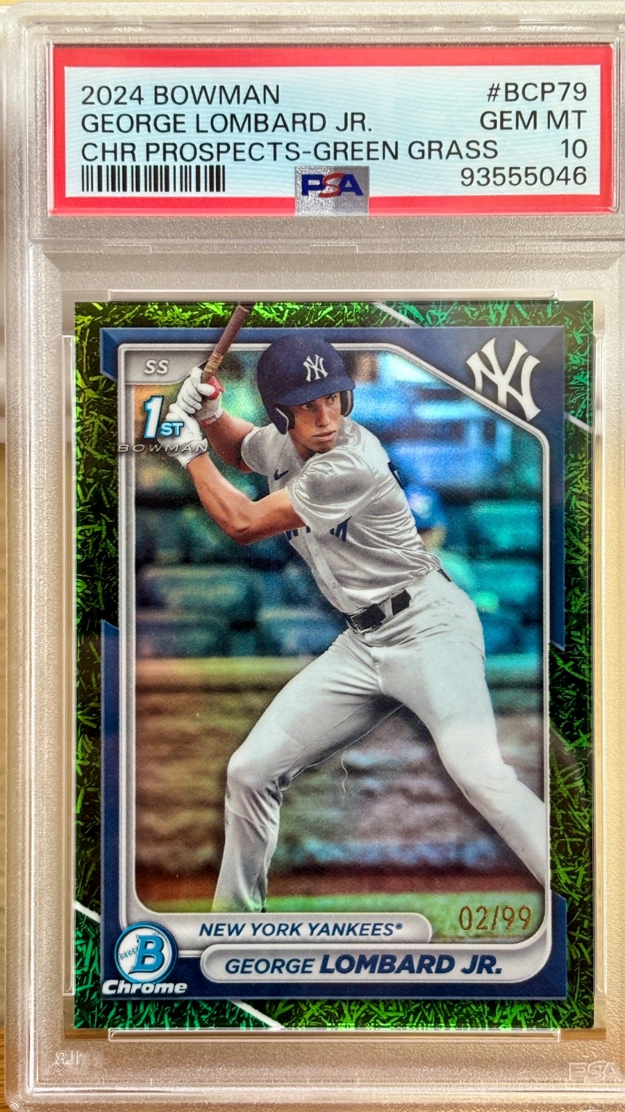 GEORGE LOMBARD JR  #2/99 PSA 10  2024 BOWMAN 1ST CHROME PROSPECT GREEN GRASS