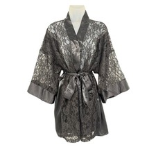 Vintage Victoria Secret Robe Women One Size Black Lace Floral Gold Label Kimono