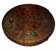 10” Round Antique Woven Pine Needles Chinese Sewing Basket Has Damage Fun