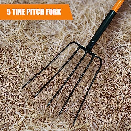  Pitch Fork for Gardening, 5 Tine Pitchfork Heavy Duty with Fiberglass Handle, 