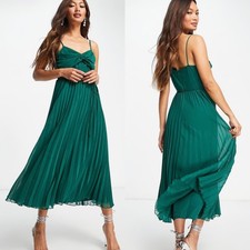 NWT ASOS Forest Green Twist Front Pleated Cami Midi Dress SIZE 4 Orig $50