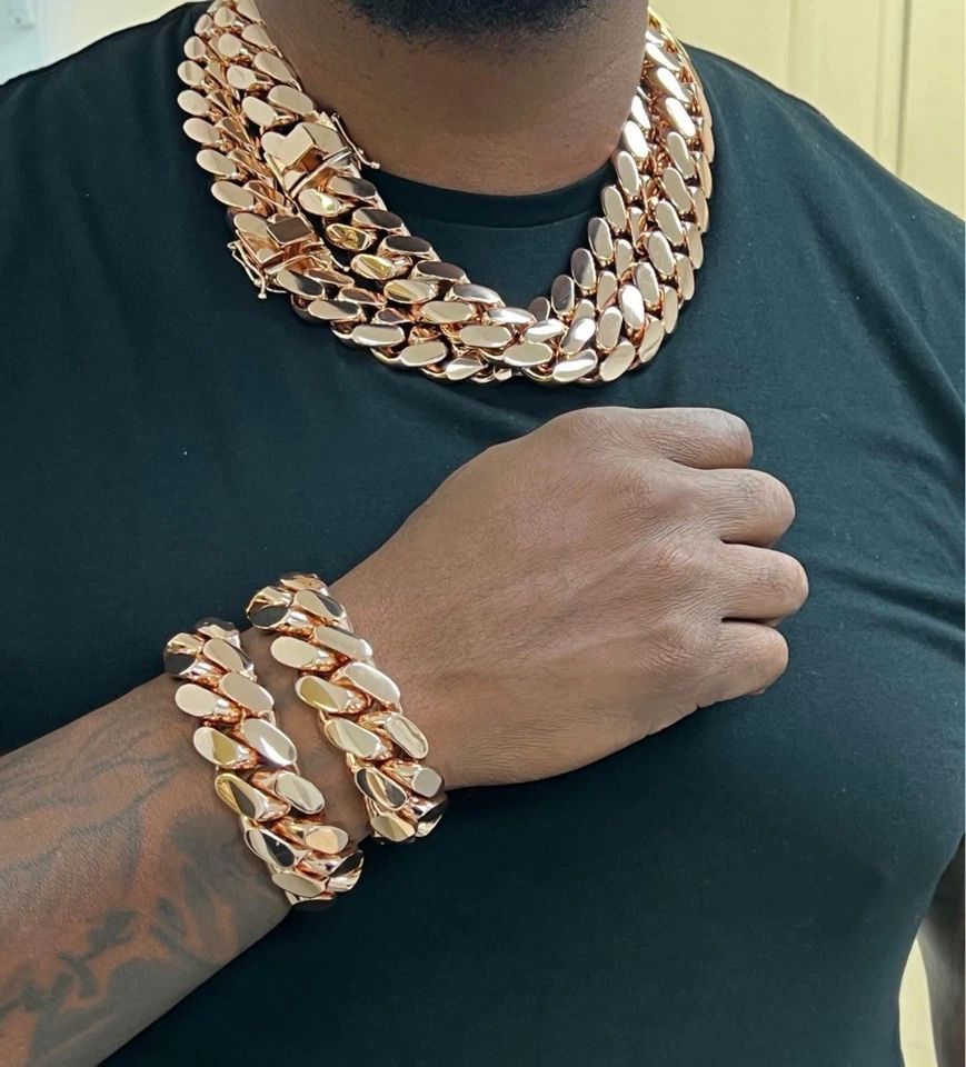 Bracelet & Chain Set Miami Pink Rose Gold Cuban Link Gold Plated Set 20mm |1 set - Image 3 of 4