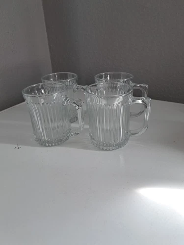 4 Vintage Royal Crest Ribbed Clear Glass Coffe Tea Mugs with Handle