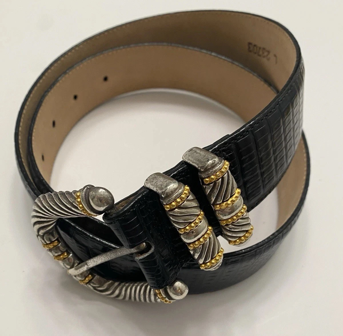 Brighton Navy Stretch Woven Belt Croc Embossed Leather Gold Tone Buckle Size 34 Brighton Black Crocodile/Alligator Belts for Women for sale  main image 3