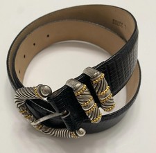Vintage Brighton Black Embossed Leather Belt Gold Tone Buckle Classic Large