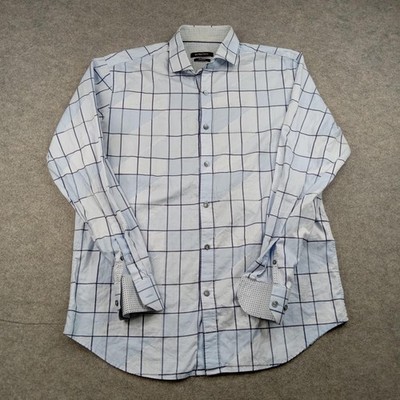 Bugatchi Shirt Mens Large Blue Plaid Shaped Fit Button Front Long Sleeve Casual
