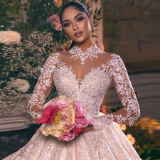 Long Sleeve Ball Gown Wedding Dresses O-Neck Princess Illusion Bridal Gown