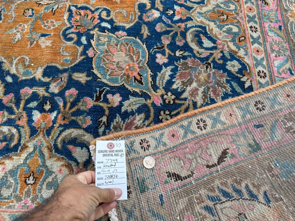 ANTIQUE ORIENTAL RUG 10x13 handmade vintage persimmon rust blue pink blue orange - Image 2 of 4