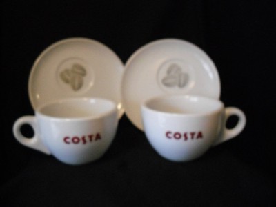 Costa ''Italian About Coffee'' weiße Porzellan Kaffeetasse & Bohnenuntertasse x 2