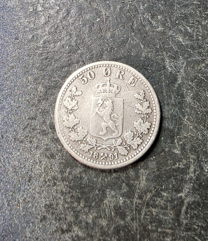 1891 Norway SILVER 50 Ore Coin **LOWER MINTAGE SCARCE COIN 400,000**