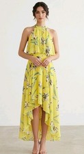 Eliza J Halter Neck Dress Womens Sz XS Floral Ruffle High Low Hem Chiffon Yellow