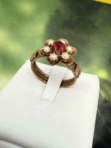 Vintage Ring Ring ANTIK ANTIK GOLD 6/7KT FINE800 roter Stein Perlen RARITÄT - Bild 3 von 13