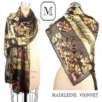 Madeleine Vionnet Silk Velvet Burnout Scarf Black Gold Floral Wrap Shawl
