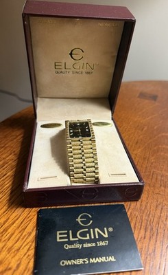 Vtg Elgin FM116-017 Gold Black Dial 4 Diamond Markers Quartz Men's