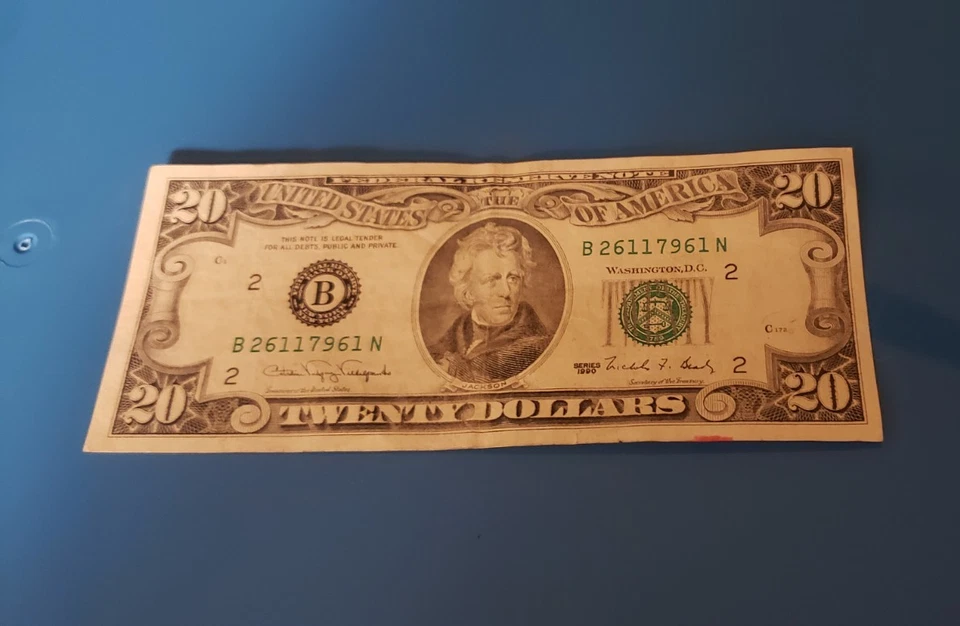 $20 Twenty Dollar Bill Federal Reserve Note 1990 New York B 26117961 N - Image 2 of 4