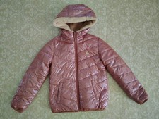 Abercrombie Kids 9/10 Shiny Metallic Pink Hooded Puffer Coat Faux Fur Lined