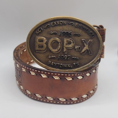 VTG Exxon Oil Belt Men 34 Brown Leather Brass Western Refinery Collectible BOP-X