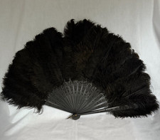 Antique Victorian Black Ostrich Feather Fancy Patterned Wooden Folding Hand Fan