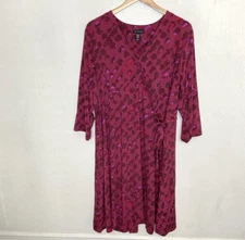 H by Halston Women’s 2X Faux Wrap Dress Red Pink Brush Stroke Print 3/4 Sleeve