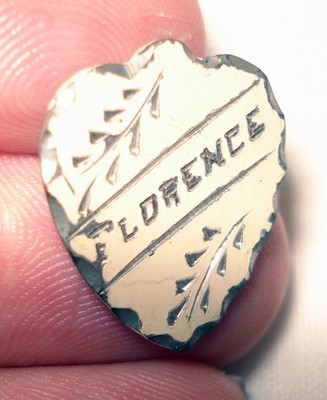 Vntg Sweetheart Valentine Lover Etched Florence Name Silver Tone Nut Brooch Pin