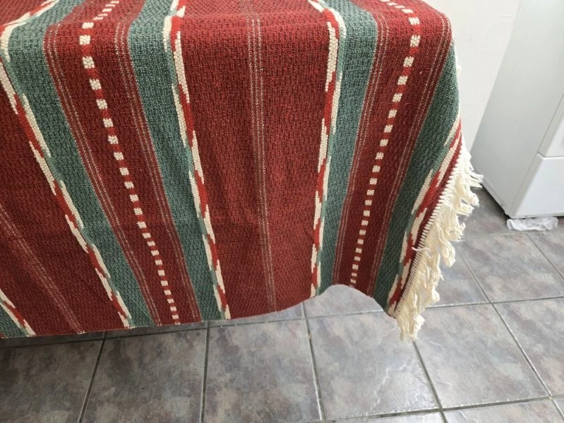 Vtg. throw or blanket w/fringe. White, green and red. - Image 3 of 4