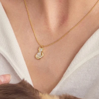 Damen Halskette Edelstahl Goldfarben Katze mit Zirkonia 45+5 cm - Bild 1 von 2