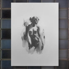 Original Classical Watercolor 8x10 Black And White Painting Nude Female Figure