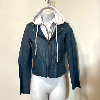 JKT NYC MOLLY Genuine Leather Moto Biker Jacket w/ Removable Hooded Inset XS