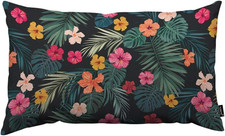 Tropical Floral Throw Pillow Cover Bright Hibiscus Flowers and Exotic Palm Leave
