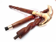 Antique Brass Anchor Head Solid Handle Walking Stick Wooden Spiral Carved Cane