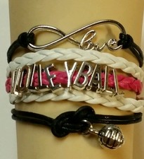 VOLLEYBALL LEATHER CHARM BRACELET - WHITE/BLACK/PINK ADJUSTABLE-SPORTS#150