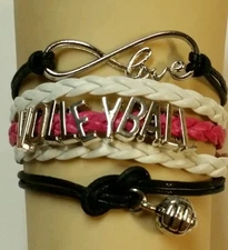 VOLLEYBALL LEATHER CHARM BRACELET - WHITE/BLACK/PINK ADJUSTABLE-SPORTS#150