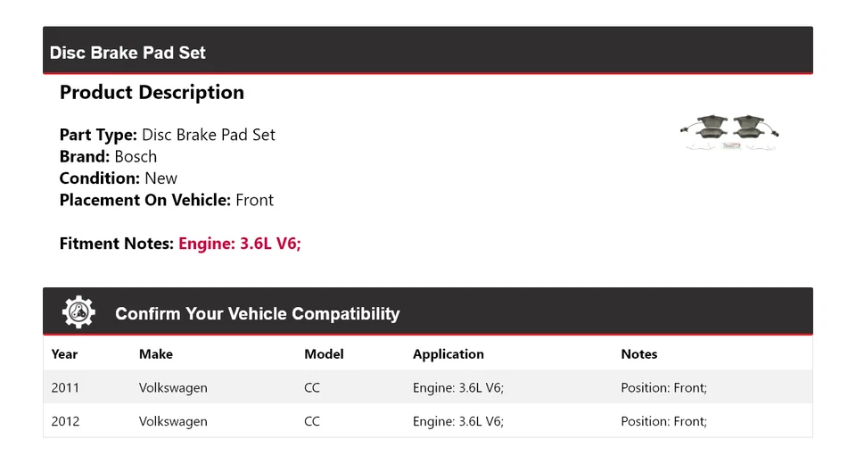 Pastillas de freno semimetálicas Bosch 2011-2012 Volkswagen CC 3,6 L con HD delanteras Foto 2 de 4