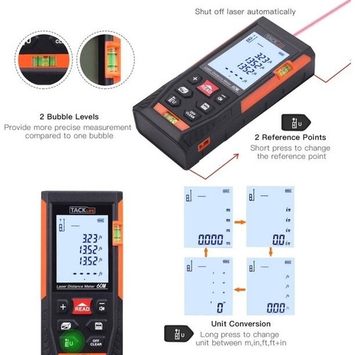 Tacklife misuratore laser muto classico HD60 196 piedi M/In/Ft - Foto 3 di 5