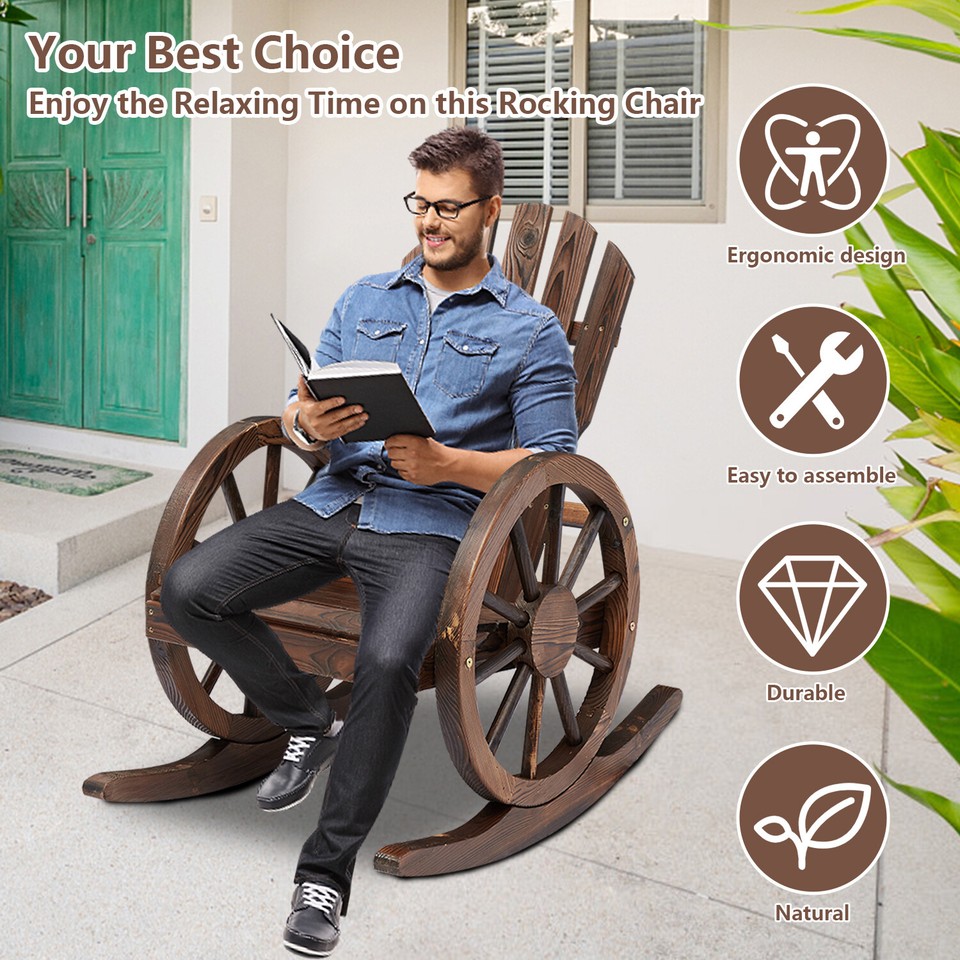 2PC Wood Wagon Wheel Rocking Chair Patio Chairs Armrest Rocker Outdoor ...