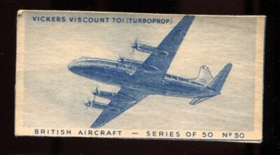 Tobacco Card, Carreras, Turf, BRITISH AIRCRAFT, 1953, Vickers Viscount 701, #50