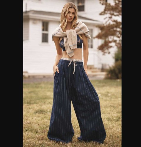 New women's XS By Anthropologie mixed stripe wide-leg pants with boxer trim