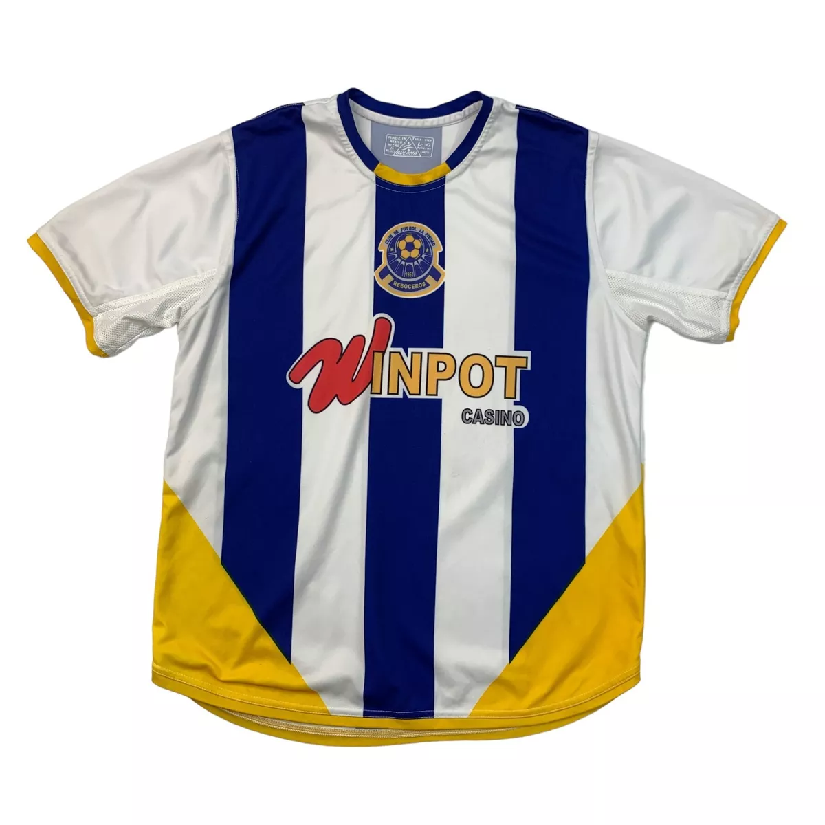 Blue and white sales striped soccer jersey