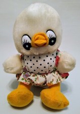 Vintage Easter Duck Chick White Black Dots Plush Stuffed 6" Wearing Floral Dress