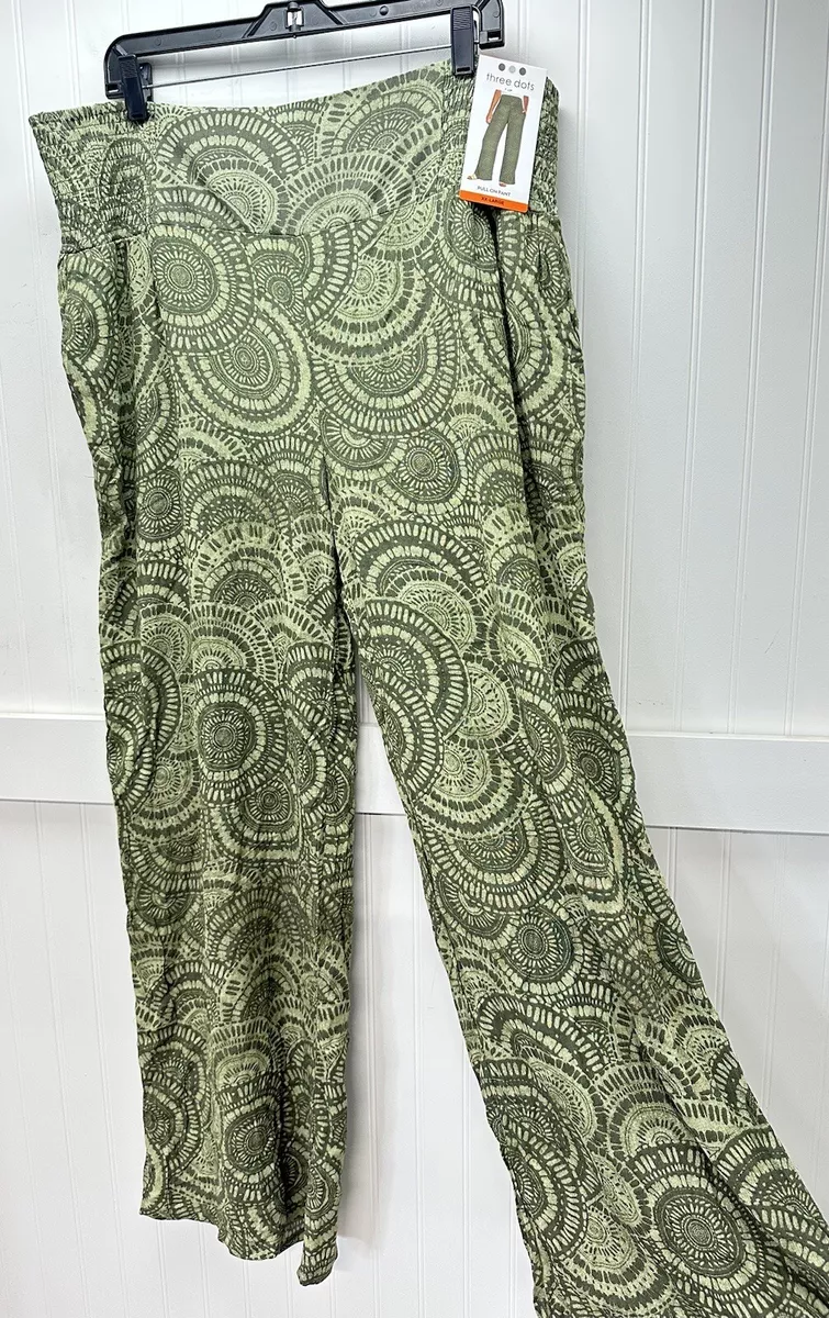 Three Dots Wide Leg Pull On Pants XXL Green Woodland Mosaic Print Rayon  Boho NEW