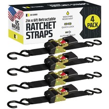 DC Cargo Retractable Ratchet Strap Tie Down Straps w/ S-Hooks 2" x 6' 4-pack